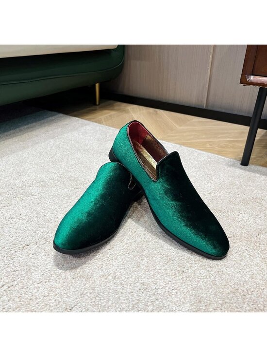 Men\'s Green Velvet Penny Loafers Metal Buckle Slip On Luxury Suede Formal Shoes